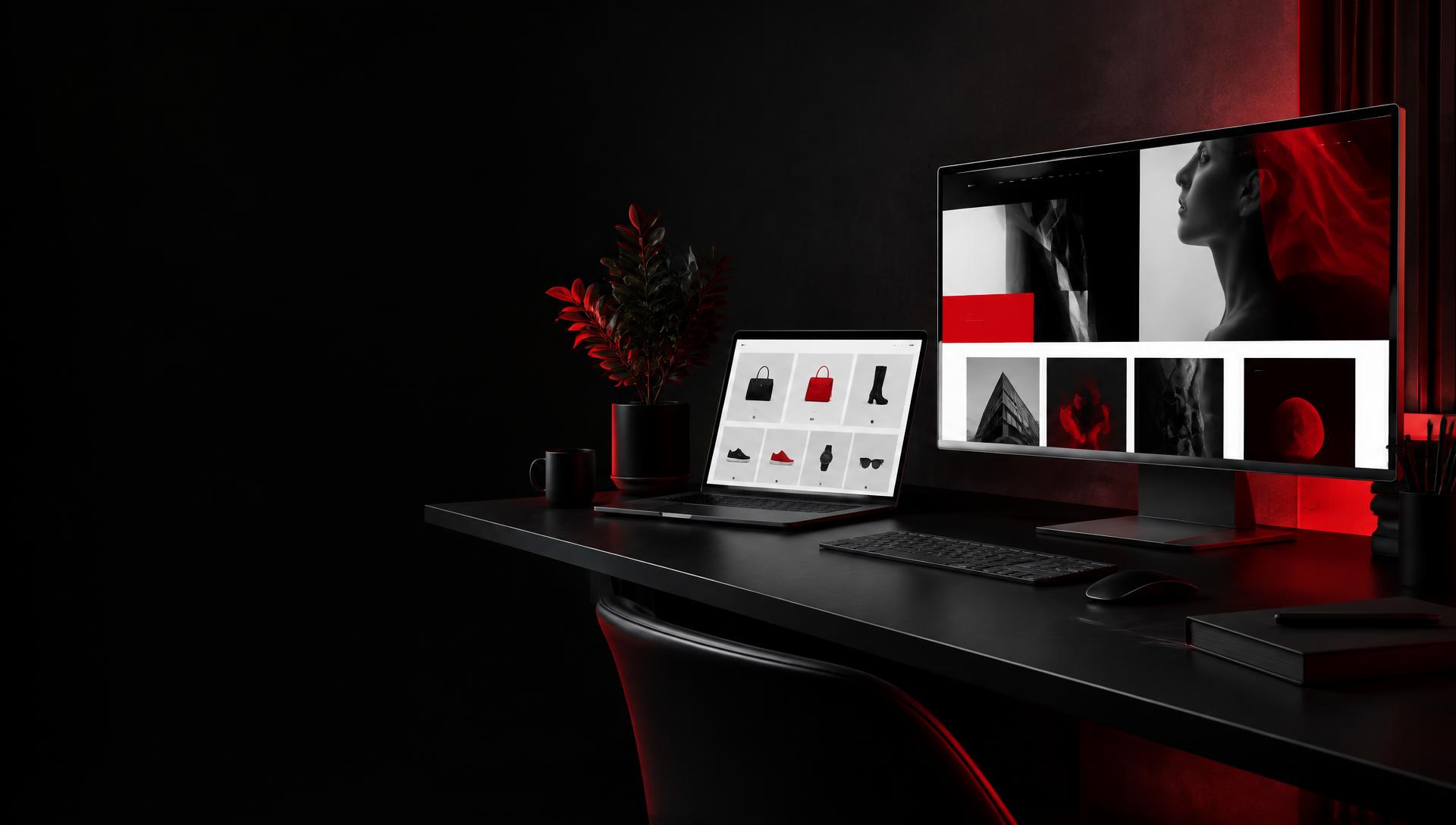 Modern website studio with website and ecommerce designs on desktop and laptop screens